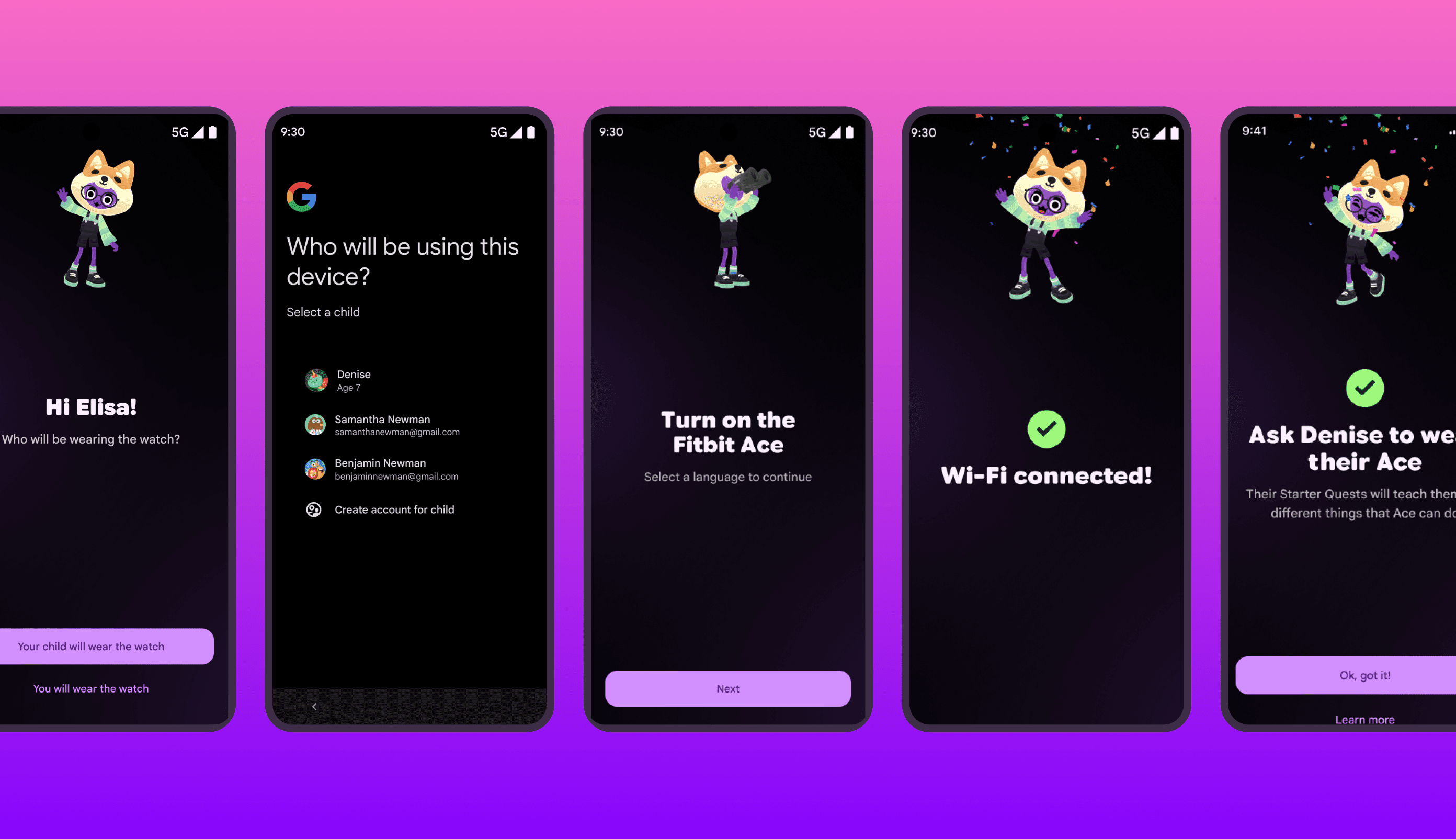 Fitbit Ace LTE parent-app onboarding screens with the Ace mascot