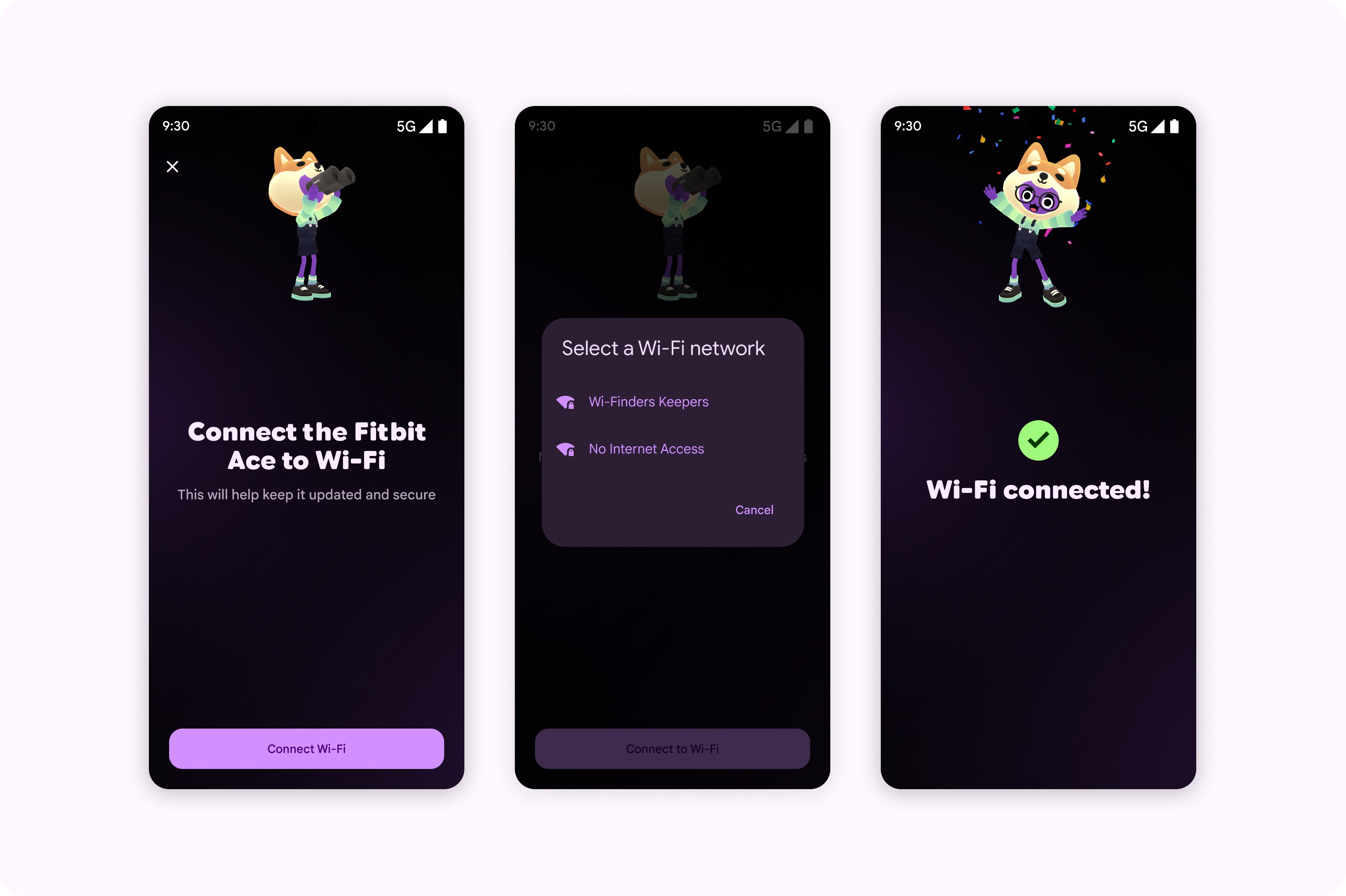 Wi-Fi setup during Fitbit Ace onboarding