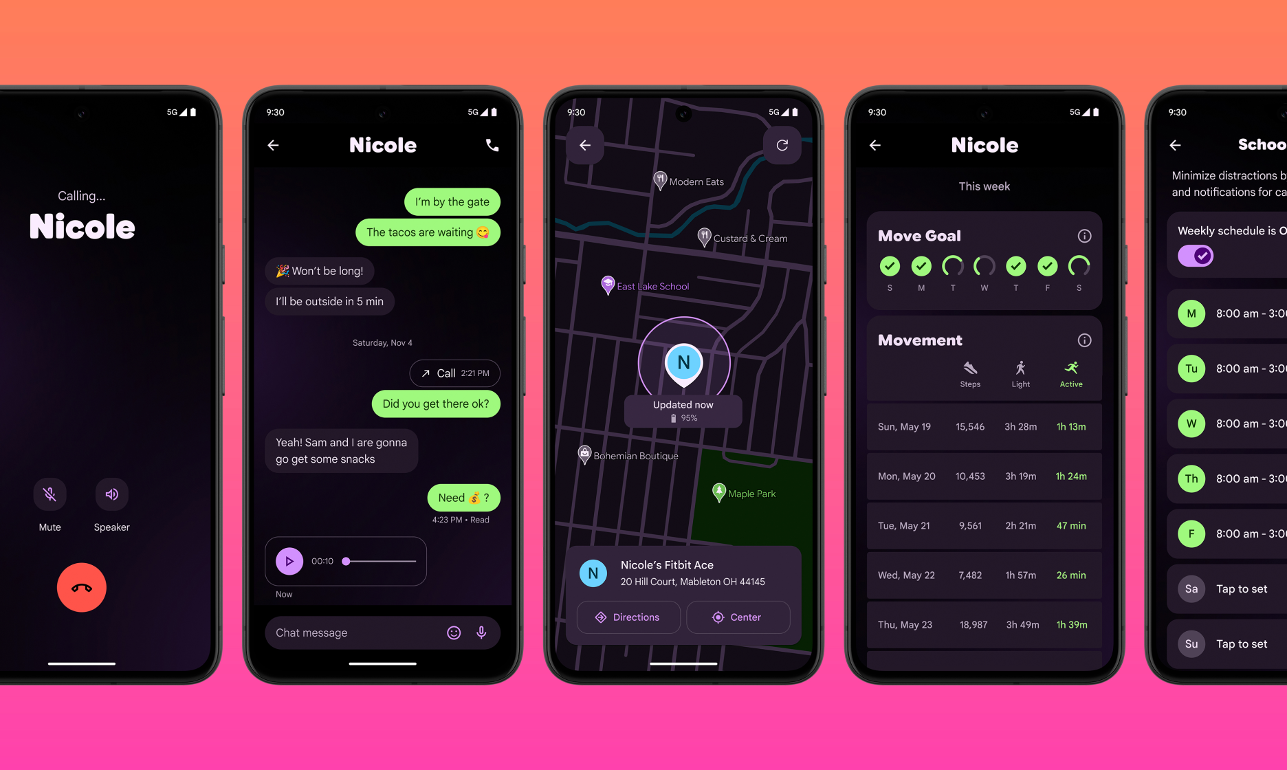 Fitbit Ace LTE parent-app screens on a purple-pink gradient