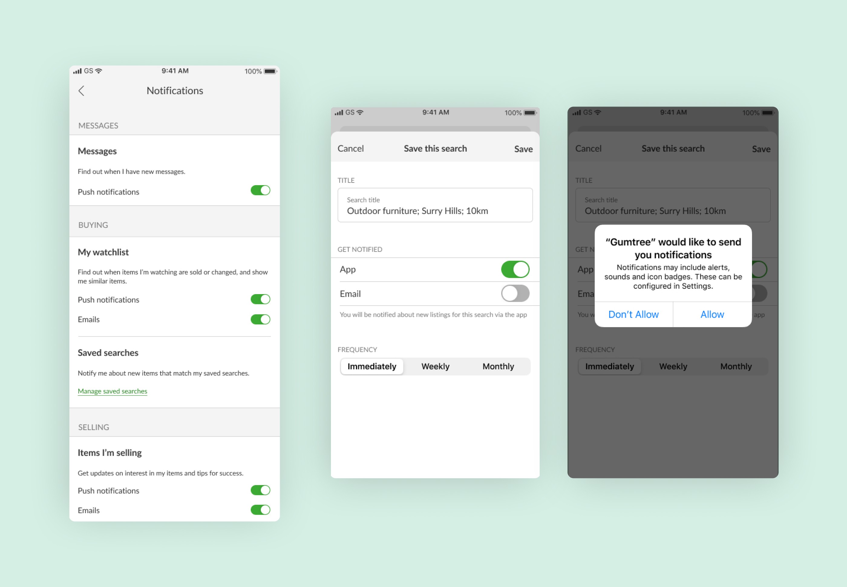 Gumtree notification preferences, a saved search frequency control, and the iOS permission prompt