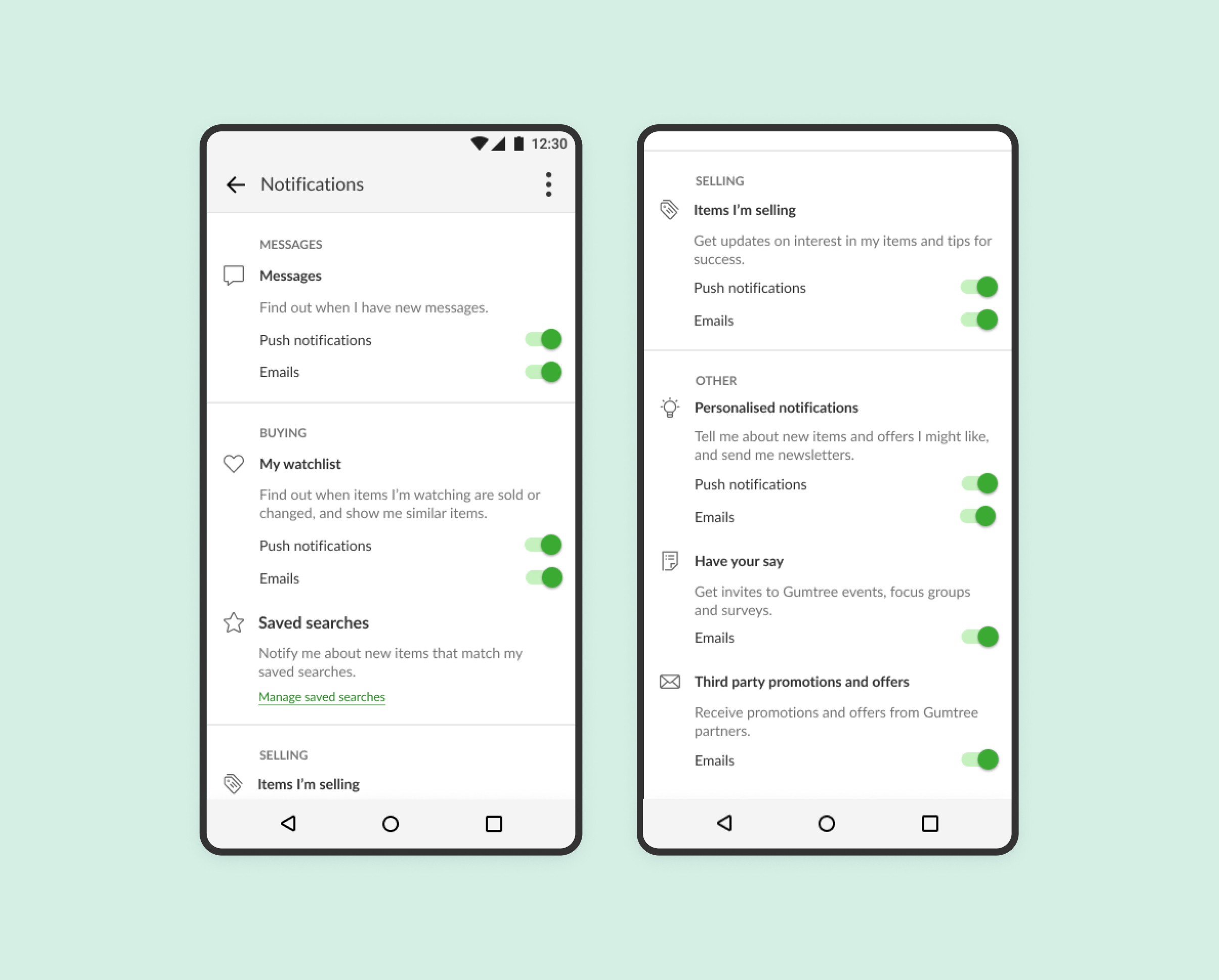 Shipped notification preferences with separate push and email controls