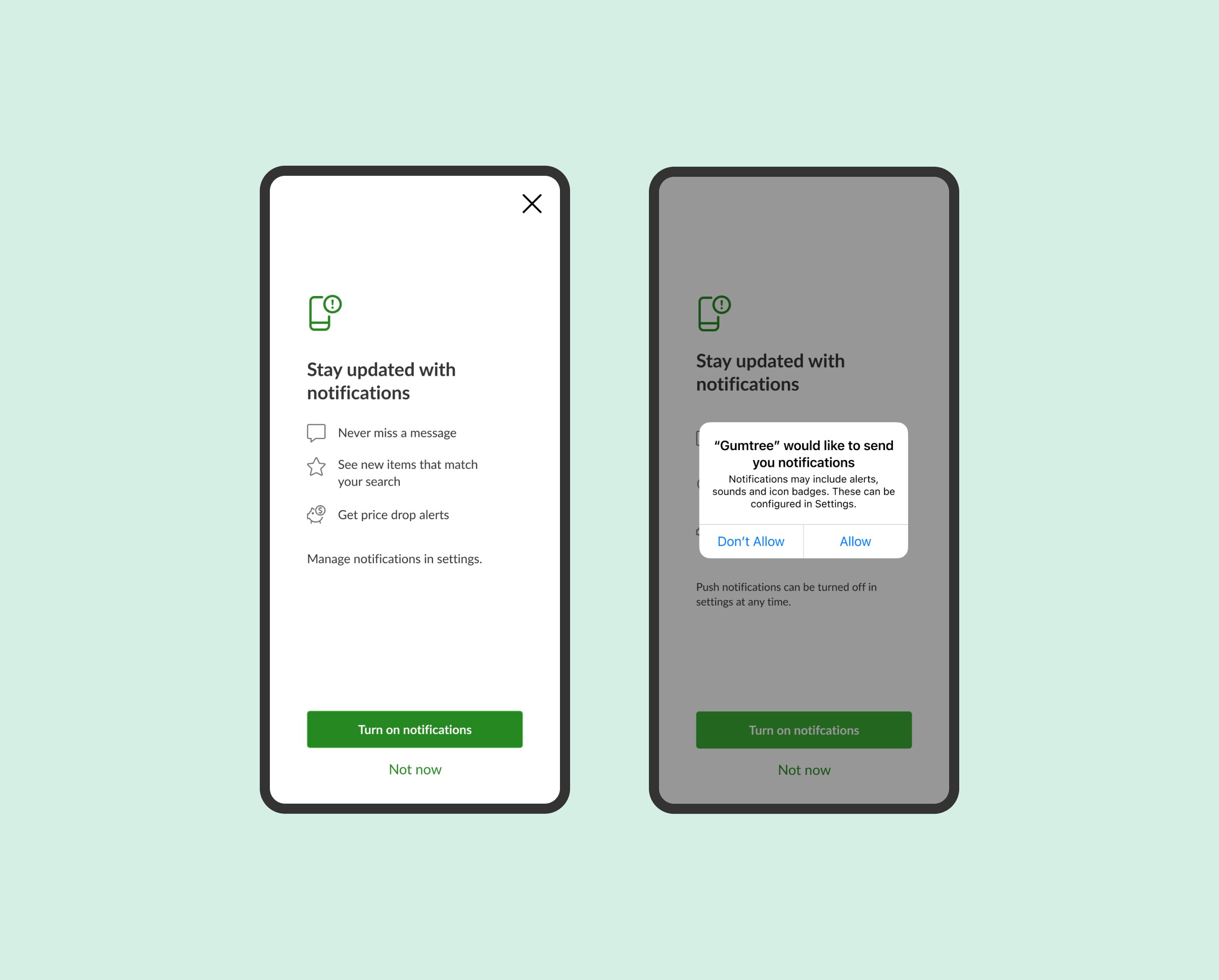 Pre-permission prompt explaining notification benefits, then the iOS system dialog