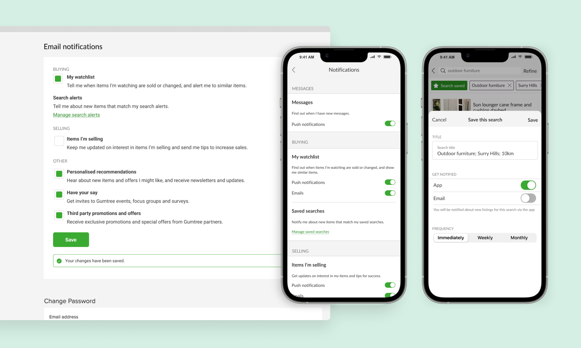 Gumtree notification preference screens on a mint green background