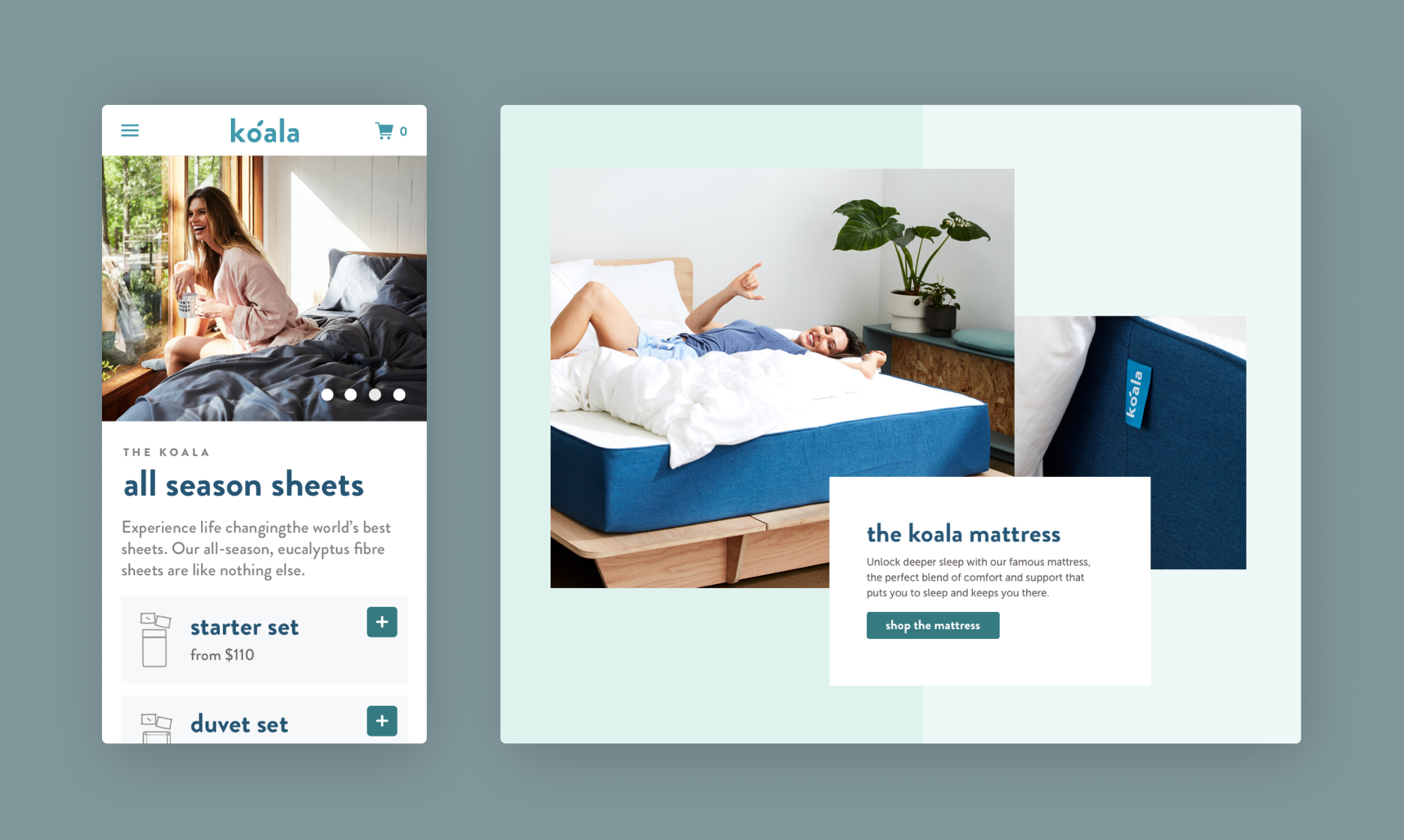 Koala e-commerce product and delivery screens on a light blue background