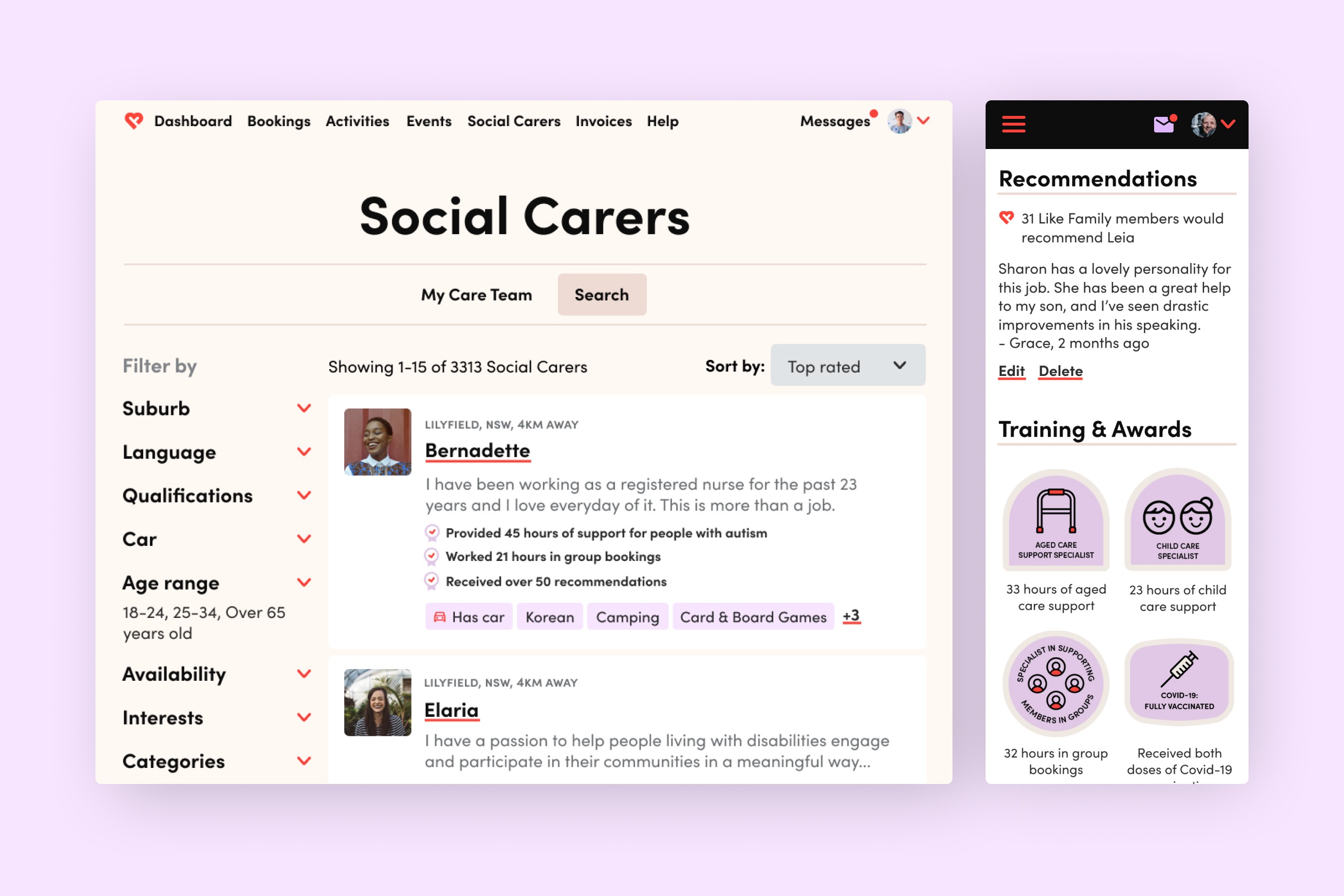 Like Family social carer search on desktop and a carer profile on mobile