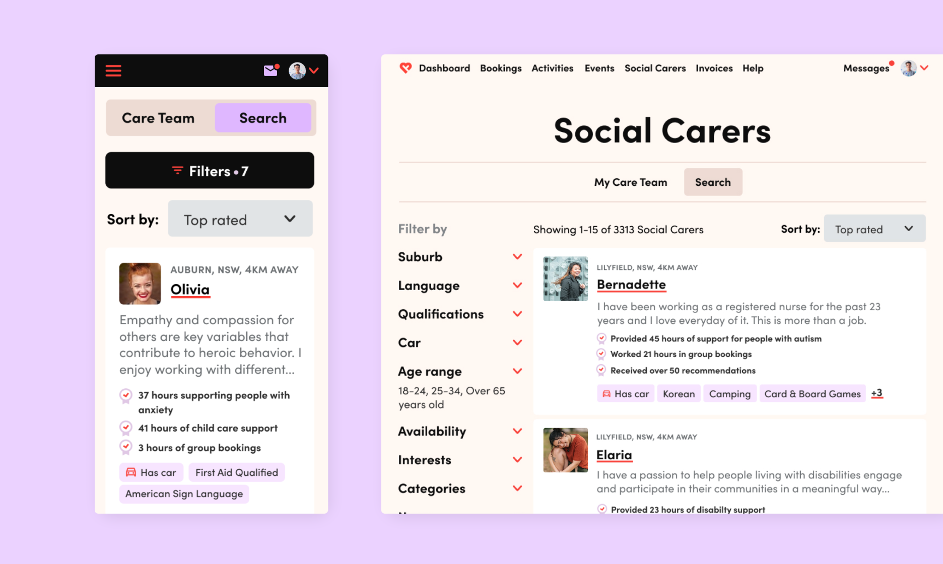 Like Family social carer search and profile on a soft lavender background