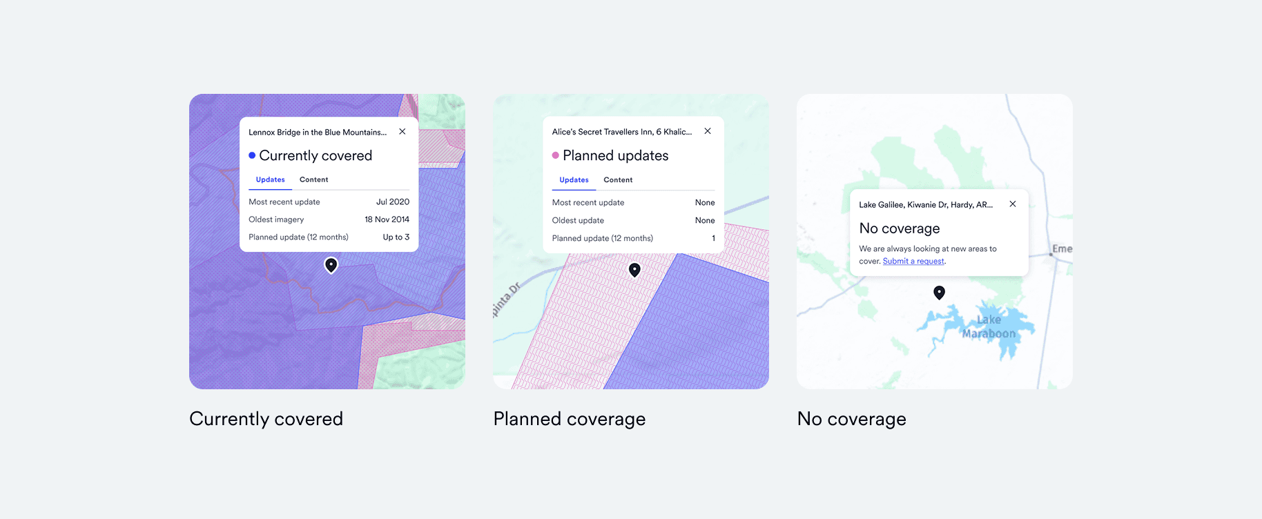 Coverage map popovers for currently covered, planned, and no-coverage states