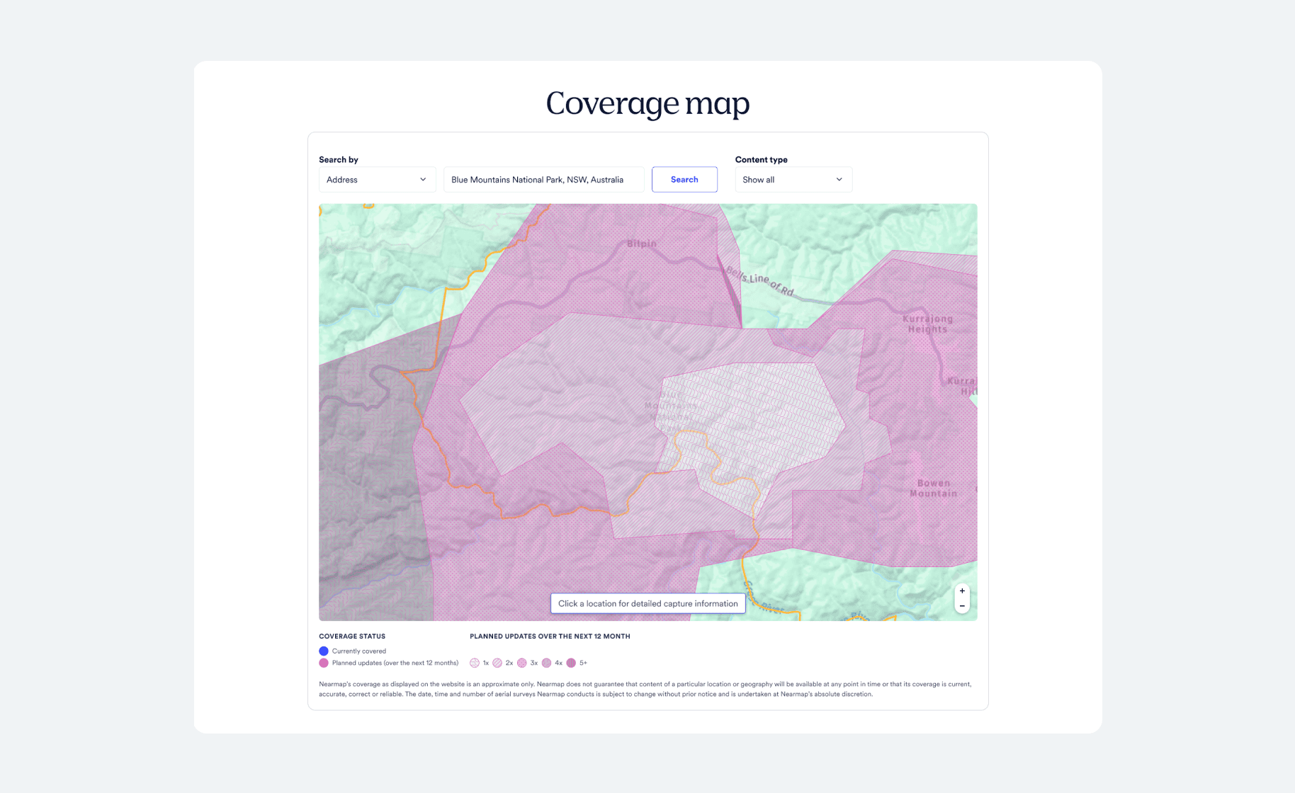 Regional coverage search without a pin or pop-up