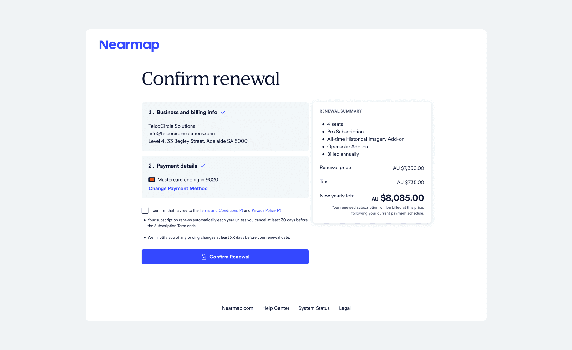 Confirm renewal screen for existing customers moving to the new plan