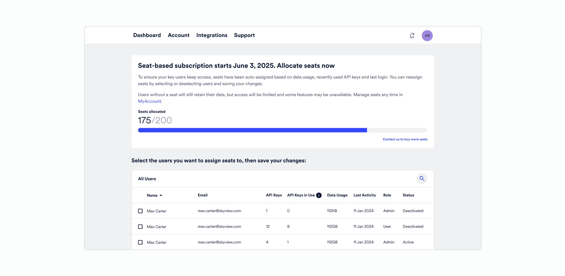 Pre-seat allocation UI for admins preparing access before the pricing change